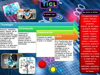 Se definen como:
Tecnología
Destrezas, habilidades,
medios, saberes” que de
maneras ordenadas,
sistematizadas dan origen
a dicho producto tangible
o no tangible que dan
respuesta a una
necesidad humana
relacionada con su
entorno, y se aplica para
las artes y las ciencias
Información
Comunicación o
adquisición de
conocimientos que
permiten ampliar o
precisar los que se
poseen sobre una materia
determinada
Comunicación
Transmisión de señales
mediante un código común
al emisor y al receptor
Libre
Es la facultad para obrar
o no y desde la filosofía
del software libre desde
la independencia
tecnológica es que no
está subordinada a
políticas externas, es
transferible su forma de
ser construido, se puede
mejorar y adaptar al
usuario.
Que juntos se definen:
El conjunto de teorías,
saberes, destrezas,
habilidades, medios,
instrumentos,
procesos que dan origen a
un producto tangible o
intangible que permiten
acceder, recuperar,
almacenar, organizar,
manejar, presentar,
producir e intercambiar
información o propiciar la
comunicación, para dar
respuestas a las
necesidades humanas
relacionadas con su entorno
y cotidinidad, donde desde
su origen hasta su
construcción son
transferibles,
modificables, mejorables y
adaptables al servicio del
ser humano.
 