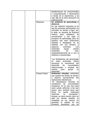 transformación de conocimientos
y comportamiento o desempeño
a través de la experiencia, y va
más allá de la mera educación el
entrenamiento"
Rossman Un ambiente de aprendizaje a
distancia
Es una situación educativa en la
que las personas participantes no
coinciden en tiempo y lugar, por
lo tanto, se requiere de diversos
medios para establecer la
comunicación y dar lugar a
procesos de aprendizaje, pero no
significa que sean situaciones
distintas o desligadas de la
realidad con sus tiempos y
espacios concretos. Los
ambientes siguen siendo
ambientes de vida,
independientemente de si son a
distancia o presenciales.
“Los facilitadores del aprendizaje
en estos ambientes deben
reconocer la importancia del
desarrollo de comunidades
instruccionales y emplear los
medios para apoyar su
desarrollo".
Francis Pisani Ambientes virtuales: ambientes
que superan los límites de tiempo
y espacio aprovechando las
mediaciones electrónicas
"El ciberespacio favorece la
constitución de comunidades
voluntarias. En la vida real cada
quien puede adherirse a las que
quiera, pero también tiene que
tomar en cuenta instancias
colectivas no escogidas".
Aunque, es obvio decirlo, pero no
está por demás repetirlo, la
virtualidad de los medios no
garantiza la calidad de los
procesos educativos que se
 