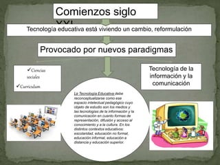 Comienzos siglo
XXITecnología educativa está viviendo un cambio, reformulación
Provocado por nuevos paradigmas
Ciencias
sociales
Curriculum
Tecnología de la
información y la
comunicación
La Tecnología Educativa debe
reconceptualizarse como ese
espacio intelectual pedagógico cuyo
objeto de estudio son los medios y
las tecnologías de la información y la
comunicación en cuanto formas de
representación, difusión y acceso al
conocimiento y a la cultura. En los
distintos contextos educativos:
escolaridad, educación no formal,
educación informal, educación a
distancia y educación superior.
 