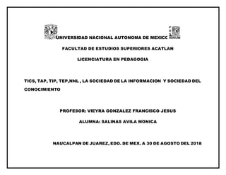 UNIVERSIDAD NACIONAL AUTONOMA DE MEXICO
FACULTAD DE ESTUDIOS SUPERIORES ACATLAN
LICENCIATURA EN PEDAGOGIA
TICS, TAP, TIP, TEP,NNL , LA SOCIEDAD DE LA INFORMACION Y SOCIEDAD DEL
CONOCIMIENTO
PROFESOR: VIEYRA GONZALEZ FRANCISCO JESUS
ALUMNA: SALINAS AVILA MONICA
NAUCALPAN DE JUAREZ, EDO. DE MEX. A 30 DE AGOSTO DEL 2018
 