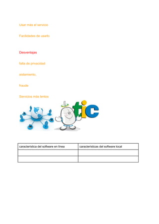 Usar más el servicio
Facilidades de usarlo
Desventajas
falta de privacidad
aislamiento,
fraude
Servicios más lentos
característica del software en línea características del software local
 