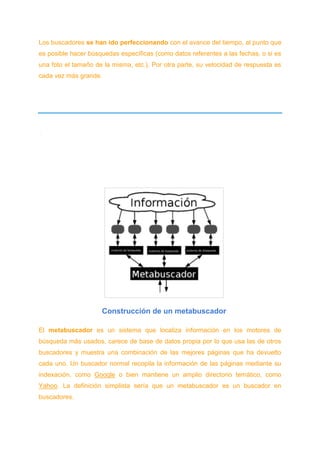 Los buscadores se han ido perfeccionando con el avance del tiempo, al punto que
es posible hacer búsquedas específicas (como datos referentes a las fechas, o si es
una foto el tamaño de la misma, etc.). Por otra parte, su velocidad de respuesta es
cada vez más grande.
[
Construcción de un metabuscador
El metabuscador es un sistema que localiza información en los motores de
búsqueda más usados, carece de base de datos propia por lo que usa las de otros
buscadores y muestra una combinación de las mejores páginas que ha devuelto
cada uno. Un buscador normal recopila la información de las páginas mediante su
indexación, como Google o bien mantiene un amplio directorio temático, como
Yahoo. La definición simplista sería que un metabuscador es un buscador en
buscadores.
 