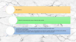 Nos ayudan a:
Difundir el conocimiento de marcas a través de redes sociales
La presentación de productos y su comercialización a través de la creación de tiendas online.
Campaña de marketing digital.
Uso de herramientas de TIC gratuitas para emprendedores que optimizan la gestión del tiempo y el trato con los clientes.
La búsqueda de nuevos mercados y clientes adaptándose a sus nuevas vías de comunicación.
 