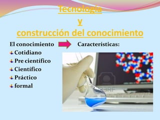 Tecnología
y
construcción del conocimiento
El conocimiento Características:
Cotidiano
Pre científico
Científico
Práctico
formal
 