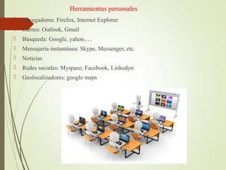 Herramientas personales
 Navegadores: Firefox, Internet Explorer
 Correo: Outlook, Gmail
 Búsqueda: Google, yahoo,…
 Mensajería instantánea: Skype, Messenger, etc.
 Noticias
 Redes sociales: Myspace, Facebook, Linkedyn
 Geolocalizadores: google maps
 