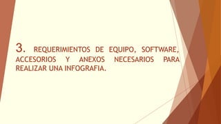3. REQUERIMIENTOS DE EQUIPO, SOFTWARE,
ACCESORIOS Y ANEXOS NECESARIOS PARA
REALIZAR UNA INFOGRAFIA.
 