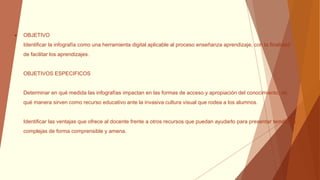  OBJETIVO
Identificar la infografía como una herramienta digital aplicable al proceso enseñanza aprendizaje, con la finalidad
de facilitar los aprendizajes.
OBJETIVOS ESPECIFICOS
Determinar en qué medida las infografías impactan en las formas de acceso y apropiación del conocimiento, de
qué manera sirven como recurso educativo ante la invasiva cultura visual que rodea a los alumnos.
Identificar las ventajas que ofrece al docente frente a otros recursos que puedan ayudarlo para presentar temáticas
complejas de forma comprensible y amena.
 