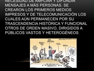 NECESIDAD DE AMPLIAR Y DIFUNDIR
MENSAJES A MÁS PERSONAS. SE
CREARON LOS PRIMEROS MEDIOS
IMPRESOS Y DE TELECOMUNICACIÓN LOS
CUALES AÚN PERMANECEN POR SU
TRASCENDENCIA HISTÓRICA Y FUNCIONAL
OTROS DE ORDEN MASIVO, DIRIGIDOS A
PÚBLICOS VASTOS Y HETEROGÉNEOS
 