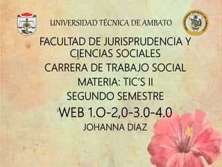UNIVERSIDAD TÉCNICA DE AMBATO
FACULTAD DE JURISPRUDENCIA Y
CIENCIAS SOCIALES
CARRERA DE TRABAJO SOCIAL
MATERIA: TIC’S II
SEGUNDO SEMESTRE
WEB 1.O-2,0-3.0-4.0
JOHANNA DIAZ
 