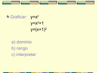 Graficar:  y=x 2 y=x 2 +1 y=(x+1) 2 a) dominio b) rango c) interpretar 