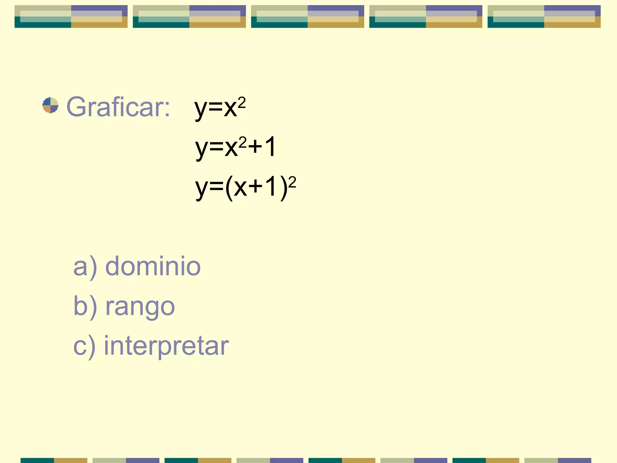 Graficar:  y=x 2 y=x 2 +1 y=(x+1) 2 a) dominio b) rango c) interpretar 