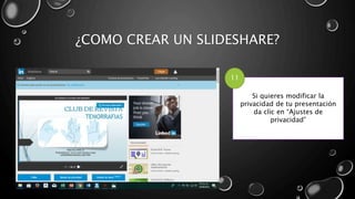 ¿COMO CREAR UN SLIDESHARE?
Si quieres modificar la
privacidad de tu presentación
da clic en “Ajustes de
privacidad”
11
 