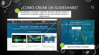 ¿COMO CREAR UN SLIDESHARE?
Desplázate a la parte superior derecha donde vamos a
encontrar la opción Login or sig nup (iniciar sesión o
registrarse).
3
Click en Únete a Linked
4
 