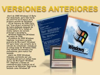 · Abril de 1985 Windows 1.0 Beta 
fue desechado, pero más tarde 
se convirtió en el marco de la 
primera versión de Windows. 
· 29 de febrero de 1996 Cairo 
(un "true object-oriented OS") 
se había planeado después de 
Windows NT 4.0 y tenían el 
mismo número de versión 
principal y secundaria. 
· Windows Nashville (Windows 
96) mayo de 1996 
· diciembre de 1999 Windows 
Neptune, la primera versión 
prevista de Microsoft Windows 
NT para tener una variante de la 
edición de consumidor, basado en 
el código base de Windows 2000. 
Una versión fue enviada a los 
evaluadores, pero nunca fue 
lanzada. 
· enero de 2000 Windows 
Odyssey, pretendio ser una 
actualización para el código base 
de 5.x de Microsoft Windows 
NT. Neptuno y Odisea se 
combinaron para trabajar en el 
proyecto de Whistler, más tarde 
lanzado como Windows XP 
 