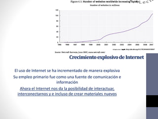 CrecimientoexplosivodeInternet
El uso de Internet se ha incrementado de manera explosiva
Su empleo primario fue como una fuente de comunicación e
información
Ahora el Internet nos da la posibilidad de interactuar,
interconectarnos y e incluso de crear materiales nuevos
 