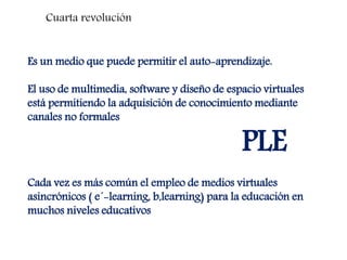 Impacto en los medios educativos
4.Uso de las tecnología de la información y Comunicación
Cuarta revolución
Es un medio que puede permitir el auto-aprendizaje.
El uso de multimedia, software y diseño de espacio virtuales
está permitiendo la adquisición de conocimiento mediante
canales no formales
PLE
Cada vez es más común el empleo de medios virtuales
asincrónicos ( e´-learning, b,learning) para la educación en
muchos niveles educativos
 