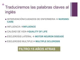 +
Traduciremos las palabras claves al
inglés
 INTERVENCIÓN/CUIDADOS DE ENFERMERIA  NURSING
CARE
 INFLUENCIA INFLUENCE
 CALIDAD DE VIDAQUALITY OF LIFE
 ESCLEROSIS LATERAL  MOTOR NEURON DISEASE
 ESCLEROSIS MULTIPLE MULTIPLE SCLEROSIS
FILTRO:15 AÑOS ATRAS
 