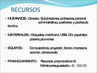 RECURSOS HUMANOS :  Director, Subdirectores, profesores, personal     administrativo, auxiliares  y padres de familia. MATERIALES : Disquetes, mobiliario, USB, CD, papelotes pizarra, plumones. EQUIPOS :  Computadoras, proyector, Ecran, impresora,  scanner, cámara web. FINANCIAMIENTO :  Recursos  propios de la I.E. Monto presupuestado =  S/. 300.00 