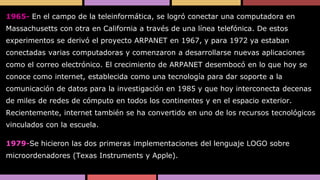 1965- En el campo de la teleinformática, se logró conectar una computadora en
Massachusetts con otra en California a través de una línea telefónica. De estos
experimentos se derivó el proyecto ARPANET en 1967, y para 1972 ya estaban
conectadas varias computadoras y comenzaron a desarrollarse nuevas aplicaciones
como el correo electrónico. El crecimiento de ARPANET desembocó en lo que hoy se
conoce como internet, establecida como una tecnología para dar soporte a la
comunicación de datos para la investigación en 1985 y que hoy interconecta decenas

de miles de redes de cómputo en todos los continentes y en el espacio exterior.
Recientemente, internet también se ha convertido en uno de los recursos tecnológicos
vinculados con la escuela.

1979-Se hicieron las dos primeras implementaciones del lenguaje LOGO sobre
microordenadores (Texas Instruments y Apple).

 
