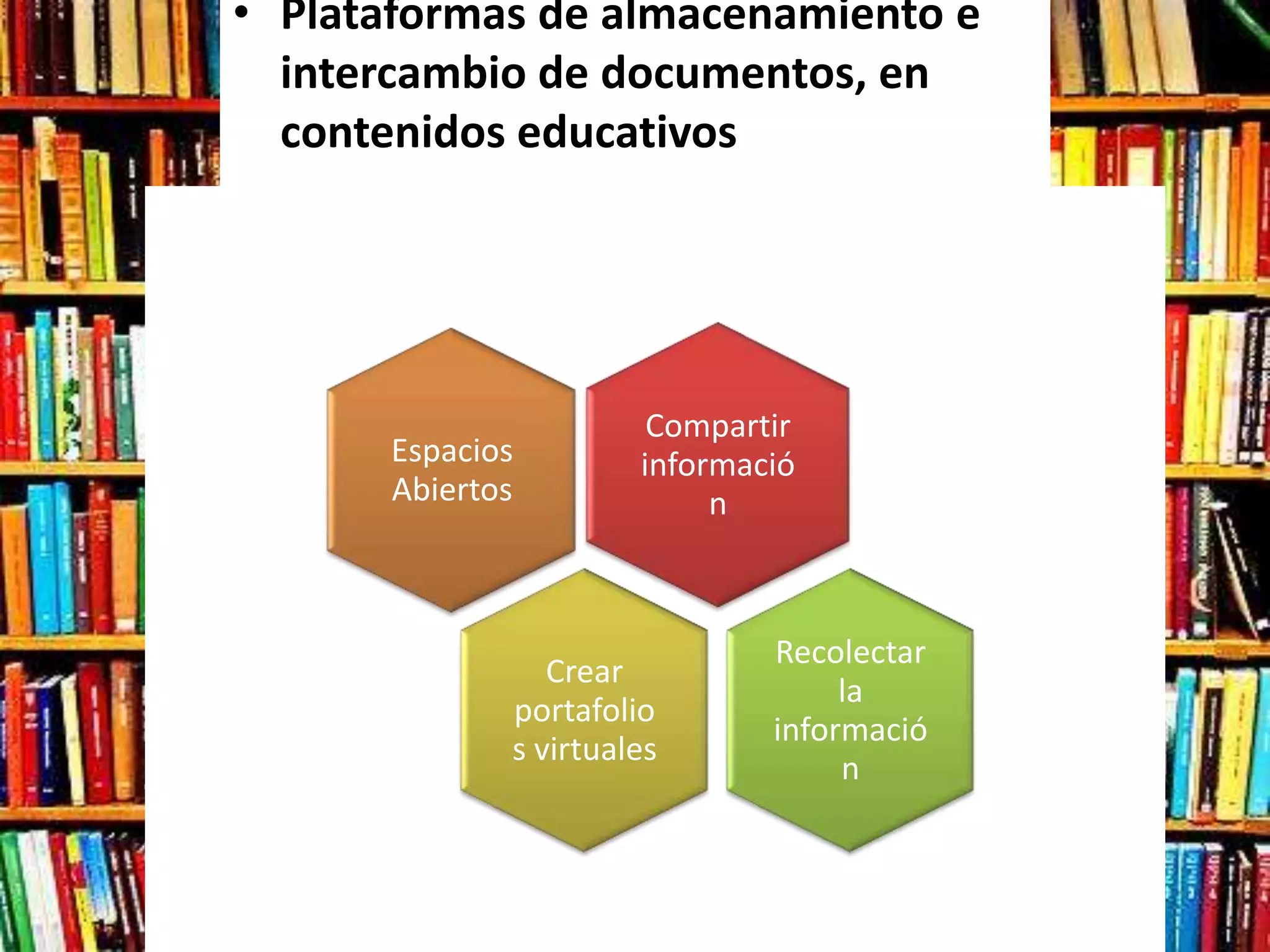 • Plataformas de almacenamiento e
  intercambio de documentos, en
  contenidos educativos




                       Compartir
      Espacios        informació
      Abiertos             n



                              Recolectar
                Crear
                                   la
             portafolio
                              informació
             s virtuales
                                   n
 