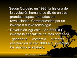 Según Cordeiro en 1998, la historia de la evolución humana se divide en tres grandes etapas marcadas por revoluciones. Caracterizadas por un invento o nueva tecnología. Revolución Agrícola. Año 8000 a.C. inventa la agricultura no mas nómadas ganadería  comercio  números escritura en el año 1000 a.C. inventan los fenicios el alfabeto. M.A. Laura Verónica Monzón Cárcamo 