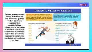 Este es un resumen de
lo que acabamos de
ver. Recuerda que los
verbos estáticos
representan
características
inherentes de las cosas
o personas, cosas que
no cambian. En cambio,
los verbos dinámicos
representan acciones
que tienen un comienzo
y un final.
 