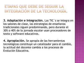 3. Adaptación e Integración.   Las TIC´s se integra en  los salones de clase, las estrategias de enseñanza  tradicionales siguen predominando, pero durante el  30% o 40% de la jornada escolar usan procesadores de  texto y software educativos. 4. Apropiación.   Se apropia de las herramientas  tecnológicas constituye un catalizador para el cambio,  la actitud del docente cambia a los procesos de  Evolución Educativa. 