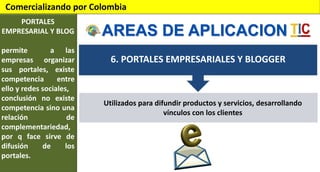 Comercializando por Colombia
PORTALES
EMPRESARIAL Y BLOG
permite
a las
empresas organizar
sus portales, existe
competencia
entre
ello y redes sociales,
conclusión no existe
competencia sino una
relación
de
complementariedad,
por q face sirve de
difusión
de
los
portales.

AREAS DE APLICACION
6. PORTALES EMPRESARIALES Y BLOGGER

Utilizados para difundir productos y servicios, desarrollando
vínculos con los clientes

 