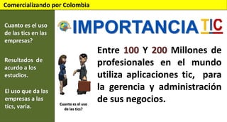 Comercializando por Colombia
Cuanto es el uso
de las tics en las
empresas?

IMPORTANCIA

Resultados de
acurdo a los
estudios.
El uso que da las
empresas a las
tics, varia.

Cuanto es el uso
de las tics?

Entre 100 Y 200 Millones de
profesionales en el mundo
utiliza aplicaciones tic, para
la gerencia y administración
de sus negocios.

 
