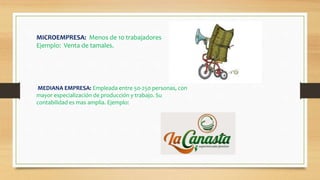 MICROEMPRESA: Menos de 10 trabajadores
Ejemplo: Venta de tamales.
MEDIANA EMPRESA: Empleada entre 50-250 personas, con
mayor especialización de producción y trabajo. Su
contabilidad es mas amplia. Ejemplo:
 