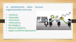 La administración utiliza recursos
organizacionales como son:
• Humanos
• Materiales
• Financieros
• Informativos
• Tecnológicos
• Alcanzar objetivos
• Lograr excelente desempeño.
 