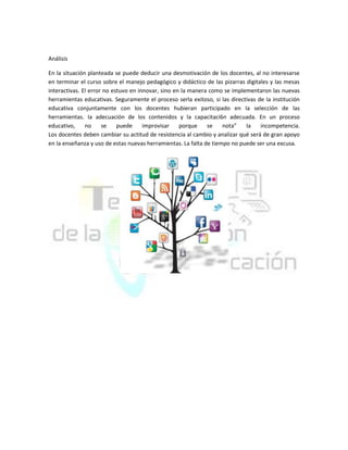 Análisis
En la situación planteada se puede deducir una desmotivación de los docentes, al no interesarse
en terminar el curso sobre el manejo pedagógico y didáctico de las pizarras digitales y las mesas
interactivas. El error no estuvo en innovar, sino en la manera como se implementaron las nuevas
herramientas educativas. Seguramente el proceso serla exitoso, si las directivas de Ia institución
educativa conjuntamente con los docentes hubieran participado en la selección de las
herramientas. Ia adecuación de los contenidos y la capacitaci6n adecuada. En un proceso
educativo,
no
se
puede
improvisar
porque
se
nota”
Ia
incompetencia.
Los docentes deben cambiar su actitud de resistencia al cambio y analizar qué será de gran apoyo
en Ia enseñanza y uso de estas nuevas herramientas. La falta de tiempo no puede ser una excusa.

 