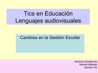 Tics en Educación Lenguajes audiovisuales Cambios en la Gestión Escolar Verónica Zonteponte Maricel Alderete Sandra Vila 