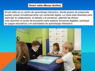 Smart-table es un centro de aprendizaje interactivo, donde grupos de preescolar
pueden actuar simultáneamente con contenido digital. La mesa está diseñada para
estimular la colaboración, el debate y el consenso, además de ofrecer
a los alumnos un punto de encuentro para explorar lecciones digitales, participar
en juegos educativos y en actividades de aprendizaje interactivo.
Smart- table (Mesas táctiles)
 