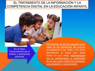importancia de las tecnologías como
parte de los elementos del entorno
aconsejando a las niñas y los niños
identifiquen el papel que éstas
tienen en sus vidas, interesándose
por su conocimiento e iniciándose
en su uso como medio de expresión,
comunicación y conocimiento
En el área
Conocimiento de sí
mismo y autonomía
personal
EL TRATAMIENTO DE LA INFORMACIÓN Y LA
COMPETENCIA DIGITAL EN LA EDUCACIÓN INFANTIL
 