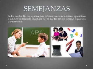 SEMEJANZAS
En los dos las Tic nos ayudan para reforzar los conocimientos aprendidos
y también es necesario investigar por lo que las Tic nos facilitan el acceso a
la información.
 