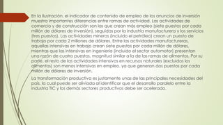 En la Ilustración, el indicador de contenido de empleo de los anuncios de inversión
muestra importantes diferencias entre ramas de actividad. Las actividades de
comercio y de construcción son las que crean más empleo (siete puestos por cada
millón de dólares de inversión), seguidas por la industria manufacturera y los servicios
(tres puestos). Las actividades mineras (incluido el petróleo) crean un puesto de
trabajo por cada 2 millones de dólares. Entre las actividades manufactureras,
aquellas intensivas en trabajo crean siete puestos por cada millón de dólares,
mientras que las intensivas en ingeniería (incluido el sector automotor) presentan
una razón de cuatro puestos, magnitud similar a la de las ramas de alimentos. Por su
parte, el resto de las actividades intensivas en recursos naturales (excluidos los
alimentos) son menos intensivas en empleo, ya que generan dos puestos por cada
millón de dólares de inversión.
La transformación productiva es justamente unas de las principales necesidades del
país, la cual puede ser aliviada al identificar que el desarrollo paralelo entre la
industria TIC y los demás sectores productivos debe ser acelerado.
 