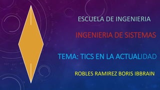 TEMA: TICS EN LA ACTUALIDAD
ROBLES RAMIREZ BORIS IBBRAIN
ESCUELA DE INGENIERIA
INGENIERIA DE SISTEMAS
 