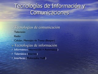 Tecnologías de Información y Comunicaciones ,[object Object],[object Object],[object Object],[object Object],[object Object],[object Object],[object Object],[object Object],[object Object]