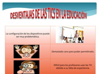 La configuración de los dispositivos puede
ser muy problemática.
Demasiado caro para poder permitirselo.
Difícil para los profesores usar las TIC
debido a su falta de experiencia.
 