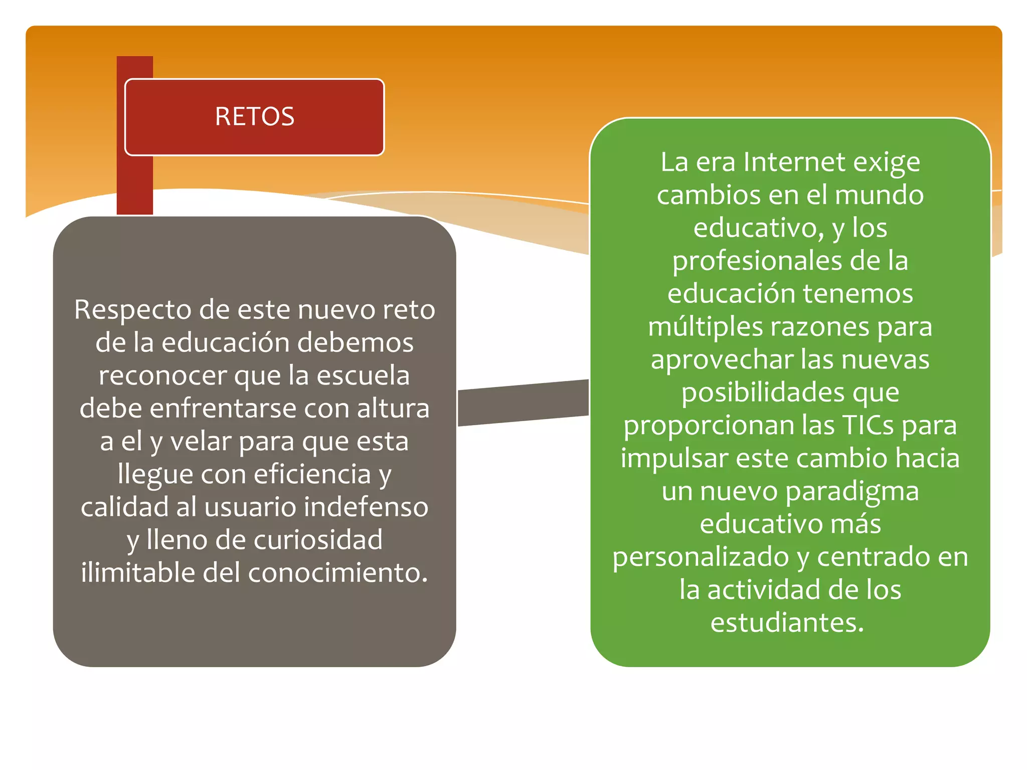 RETOS
Respecto de este nuevo reto
de la educación debemos
reconocer que la escuela
debe enfrentarse con altura
a el y velar para que esta
llegue con eficiencia y
calidad al usuario indefenso
y lleno de curiosidad
ilimitable del conocimiento.
La era Internet exige
cambios en el mundo
educativo, y los
profesionales de la
educación tenemos
múltiples razones para
aprovechar las nuevas
posibilidades que
proporcionan las TICs para
impulsar este cambio hacia
un nuevo paradigma
educativo más
personalizado y centrado en
la actividad de los
estudiantes.
 