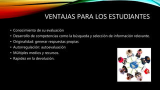 VENTAJAS PARA LOS ESTUDIANTES
• Conocimiento de su evaluación
• Desarrollo de competencias como la búsqueda y selección de información relevante.
• Originalidad: generar respuestas propias
• Autorregulación: autoevaluación
• Múltiples medios y recursos.
• Rapidez en la devolución.
 