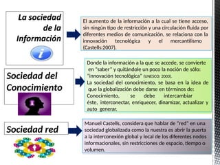 Sociedad del
Conocimiento
Sociedad red
El aumento de la información a la cual se tiene acceso,
sin ningún tipo de restricción y una circulación fluida por
diferentes medios de comunicación, se relaciona con la
innovación tecnológica y el mercantilismo
(Castells:2007).
Donde la información a la que se accede, se convierte
en “saber” y quitándole un poco la noción de sólo:
“innovación tecnológica” (UNESCO: 2003).
La sociedad del conocimiento, se basa en la idea de
que la globalización debe darse en términos de:
Conocimiento, se debe intercambiar
éste, interconectar, enriquecer, dinamizar, actualizar y
auto generar.
Manuel Castells, considera que hablar de “red” en una
sociedad globalizada como la nuestra es abrir la puerta
a la interconexión global y local de los diferentes nodos
informacionales, sin restricciones de espacio, tiempo o
volumen.
 