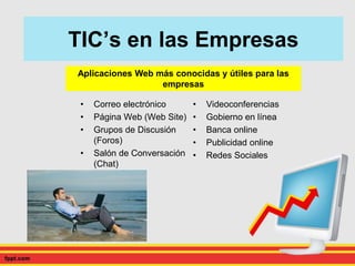 Title
• Correo electrónico
• Página Web (Web Site)
• Grupos de Discusión
(Foros)
• Salón de Conversación
(Chat)
• Blogs
• Videoconferencias
• Gobierno en línea
• Banca online
• Publicidad online
• Redes Sociales
TIC’s en las Empresas
Aplicaciones Web más conocidas y útiles para las
empresas
 