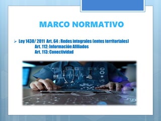MARCO NORMATIVO
 Ley 1438/ 2011 Art. 64 : Redes integrales (entes territoriales)
Art. 112: Información Afiliados
Art. 113: Conectividad
 