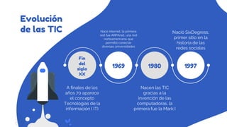 Evolución
de las TIC
Nacen las TIC
gracias a la
invención de las
computadoras, la
primera fue la Mark I
Nace internet, la primera
red fue ARPAnet, una red
norteamericana que
permitió conectar
diversas universidades
A finales de los
años 70 aparece
el concepto
Tecnologías de la
información ( IT)
Nació SixDegress,
primer sitio en la
historia de las
redes sociales
1980
1969 1997
Fin
del
siglo
XX
 