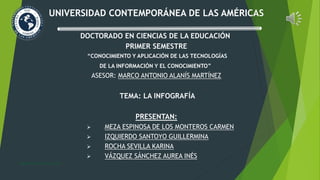 UNIVERSIDAD CONTEMPORÁNEA DE LAS AMÉRICAS
DOCTORADO EN CIENCIAS DE LA EDUCACIÓN
PRIMER SEMESTRE
“CONOCIMIENTO Y APLICACIÓN DE LAS TECNOLOGÍAS
DE LA INFORMACIÓN Y EL CONOCIMIENTO”
ASESOR: MARCO ANTONIO ALANÍS MARTÍNEZ
TEMA: LA INFOGRAFÍA
PRESENTAN:
 MEZA ESPINOSA DE LOS MONTEROS CARMEN
 IZQUIERDO SANTOYO GUILLERMINA
 ROCHA SEVILLA KARINA
 VÁZQUEZ SÁNCHEZ AUREA INÉS
 