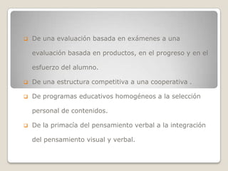 

De una evaluación basada en exámenes a una
evaluación basada en productos, en el progreso y en el
esfuerzo del alumno.



De una estructura competitiva a una cooperativa .



De programas educativos homogéneos a la selección
personal de contenidos.



De la primacía del pensamiento verbal a la integración
del pensamiento visual y verbal.

 
