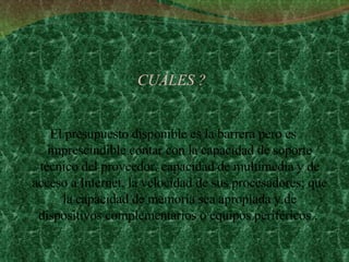 CUÁLES ? El presupuesto disponible es la barrera pero es imprescindible contar con la capacidad de soporte técnico del proveedor, capacidad de multimedia y de acceso a Internet, la velocidad de sus procesadores; que la capacidad de memoria sea apropiada y de dispositivos complementarios o equipos periféricos .  