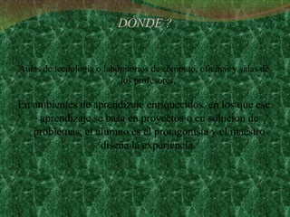 DÓNDE ? Aulas de tecnología o laboratorios de cómputo, oficinas y salas de los profesores.  En ambientes de aprendizaje enriquecidos, en los que ese aprendizaje se basa en proyectos o en solución de problemas, el alumno es el protagonista y el maestro diseña la experiencia.   